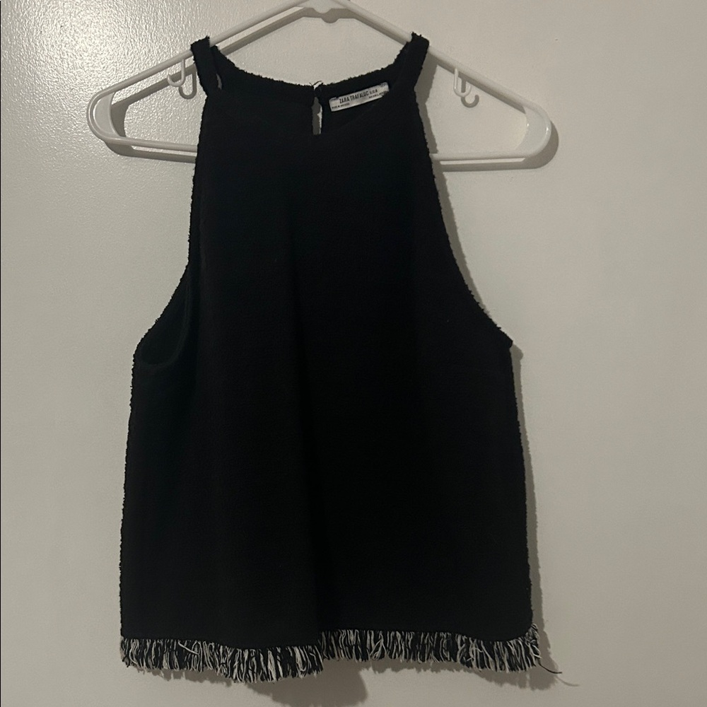 Zara Black Tank Top with Fringe Detail